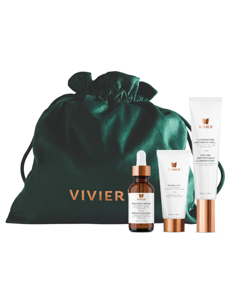 Vivier skincare products including a serum, cream, and bottle with a green drawstring bag on a white background.