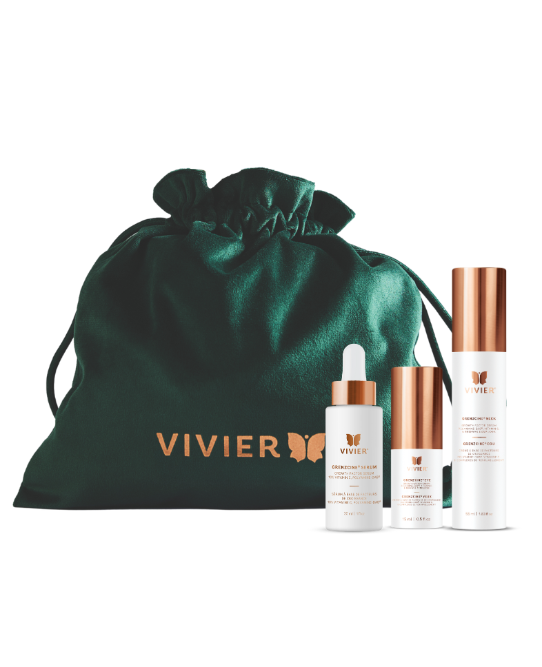 Vivier skincare products including bottles and a dropper with a green drawstring bag in the background.