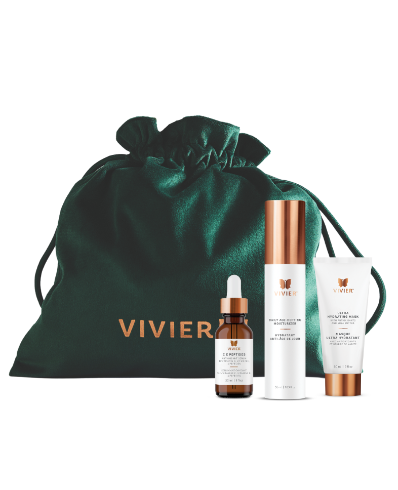 Vivier skincare products including bottles and a dropper with a green drawstring bag on a white background.